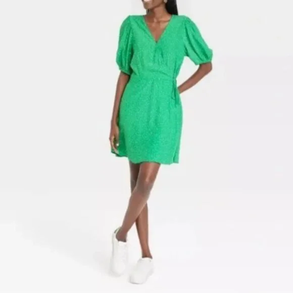 a new day | Dresses | A New Day Green Polka Dot Puff Sleeve Wrap Casual  Travel Mini Dress Large | Poshmark